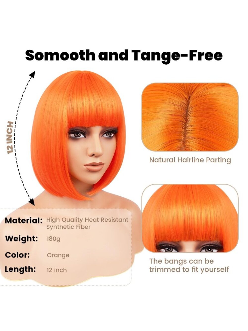 Women Orange Heat Resistant Synthetic Bob Party Neon Wig Bangs 12 Inch - Picture 2 of 7